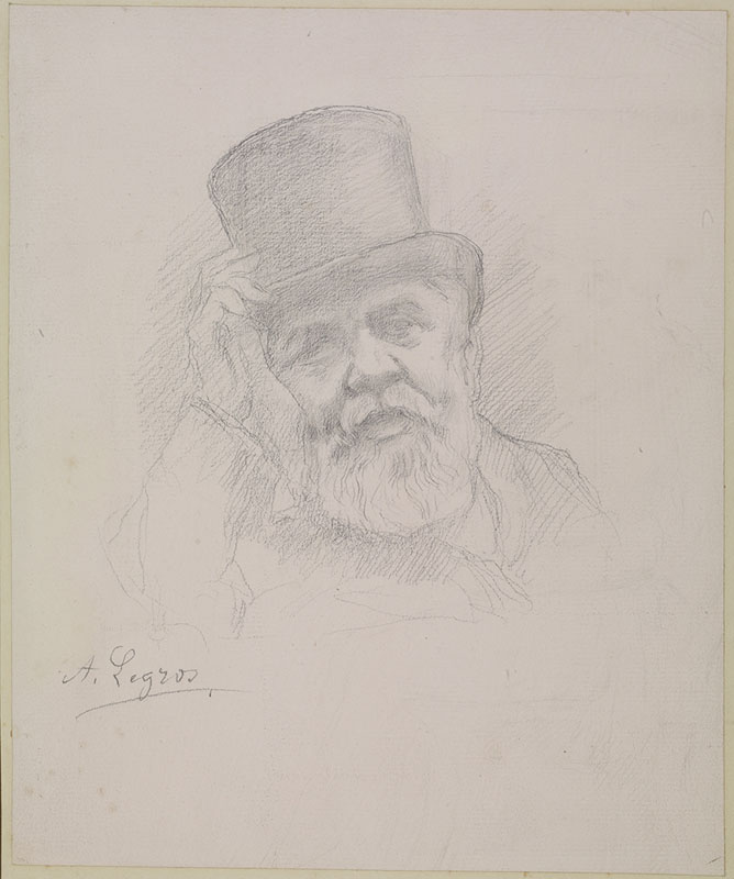 Alphonse Legros (French 1837-1911). Self portrait. Graphite on pink marbled paper. 235x192mm