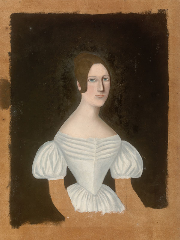 Anonymous , American [ 19th Century ]  PORTRAIT OF A WOMAN , ca 1840 , oil on paper , 375 x 280 mm