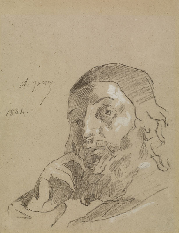 Charles - Emil Jacque [ French 1813 - 1894 ] SELF PORTRAIT , 1844 , black and white chalk on brown paper , 205 x 168 mm