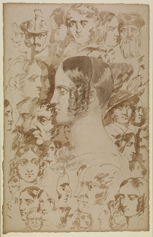 Richard Dadd [ English 1817 - 1886 ] PORTRAIT OF A WOMAN SURROUNDED BY THIRTY THREE OTHER PORTRAIT STUDIES  , ca 1860 , ink and wash on paper , 200 x 128 mm