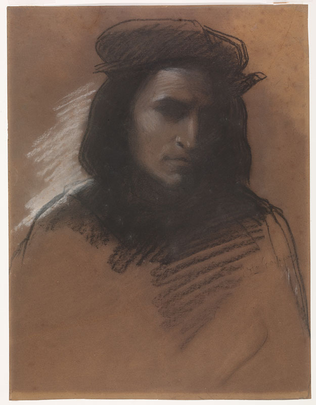 Jean Baptiste Carpeaux [ French 1827 - 1875 ] PORTRAIT OF A YOUNG MAN AFTER FRANCESCO FRANCIABIGIO ,  black and white chalk on brown paper , 375 x 290 mm