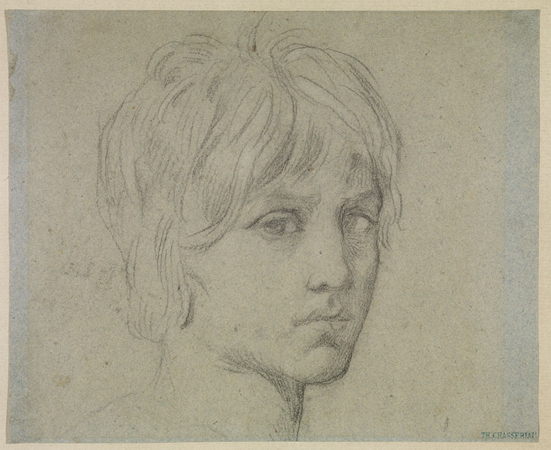 Theodore Chasseriau [ French , 1819- 1856 ]  PORTRAIT OF A YOUNG MAN , ca 1850 , graphite on blue paper , 197 x 240 mm