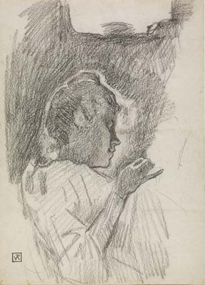 Theo van Rysselberghe [ Belgian 1862 - 1926 ] THE WIFE OF THE ARTIST HENRI VAN DE VELDE , ca 1895 , black crayon on paper , 347 x 255 mm